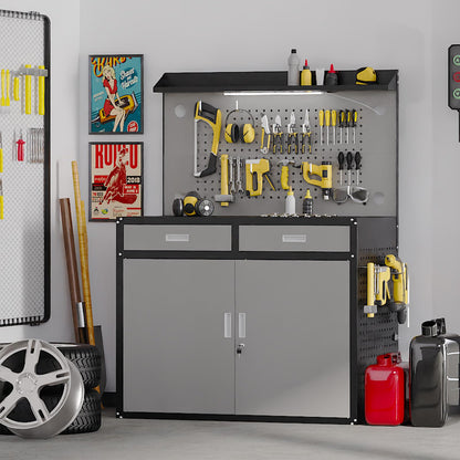 65" Heavy Duty Workbench with Drawers and Lockable Storage Cabinet- 2500 LBS Capacity Work Bench with Pegboard,Work Table with Adjustable LED Light for Garage,Workshop and Repair Shop