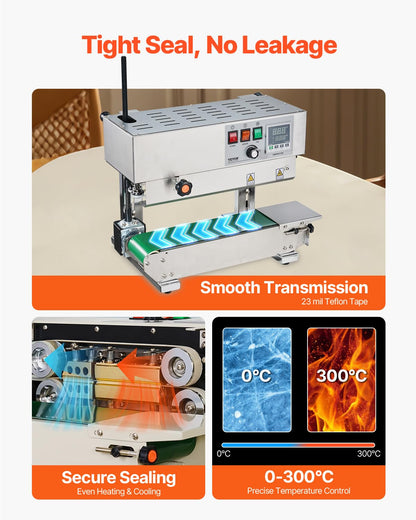 VEVOR Continuous Bag Band Sealing Machine, 0.24-0.47 in/6-12 mm Seal Width, Vertical Band Sealer Machine with Digital Temperature Control, Stainless Steel Bag Sealer for 0.02-0.8 mm Plastic Bags Films