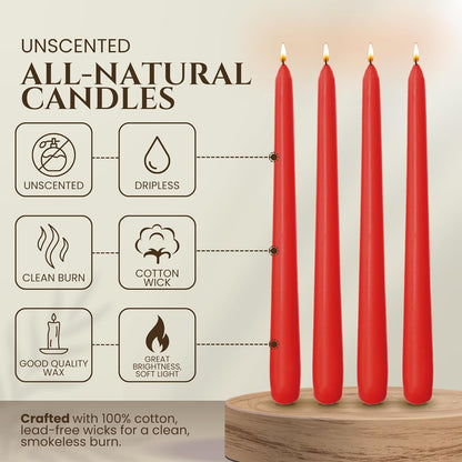 Axiom Candles - Red Taper Candles - 10 Inch Dripless Smokeless Tall Candle Sticks - 9 Hour Burn Time - Tapered Candles for Home, Dinners, Weddings, Parties (Pack of 10)