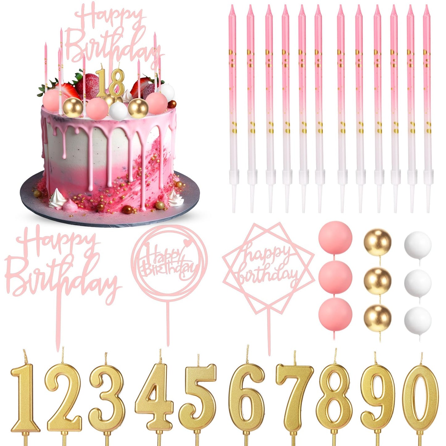 Yerliker 34 Pcs Happy Birthday Cake Toppers Decorations Birthday Candles DIY Cake Decor for Men Women Wedding Anniversary(Pink)
