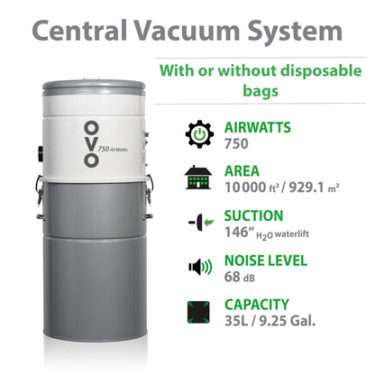OVO 750 Airwatts Heavy Duty Powerful Central Vacuum System, Hybrid Filtration (with or Without Disposable Bags) 35L or 9.25Gal Bottom Load Dust Bin