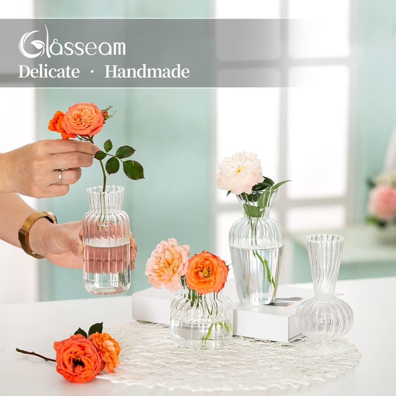 Modern Clear Glass Bud Vase Bulk Set: Glasseam 16Pcs Small Mini Flower Centerpieces Vases Handmade Decorative Cute Short Window Corner Home Decor for Wedding Reception Dining Table Single Rose