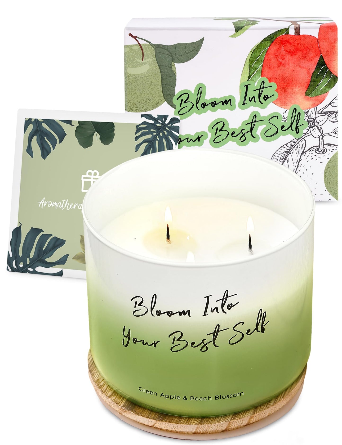 Green Apple Peach Blossom Scented Soy Candle - Large 3-Wick Aromatherapy Candle for Home, 15.8oz - Fresh Fruity Scent - “Bloom Into Your Best Self” Quote - Inspirational Home Decor Gift