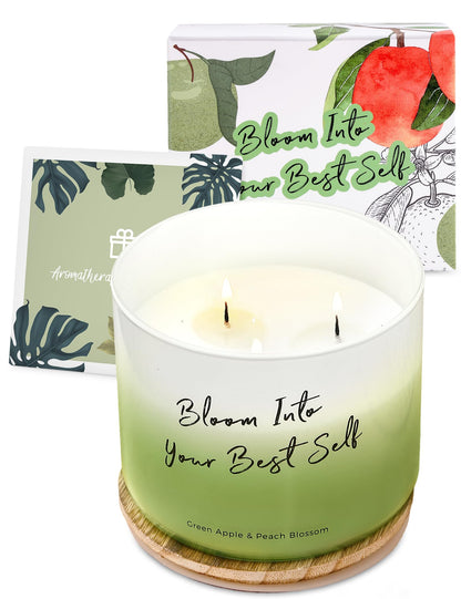 Green Apple Peach Blossom Scented Soy Candle - Large 3-Wick Aromatherapy Candle for Home, 15.8oz - Fresh Fruity Scent - “Bloom Into Your Best Self” Quote - Inspirational Home Decor Gift
