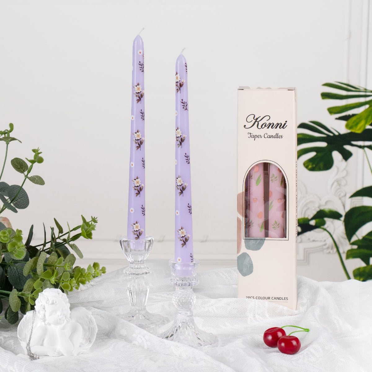 Taper Candles,10 inch 2pc Purple Tapered Candles with Camellia Printed, Unscented and Smokeless Long Burning Candles,Tall Candlesticks with Cotton Wicks,Ideal for Weddings, Home Décor