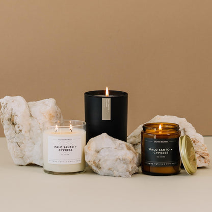 Calyan Wax Co. Palo Santo & Cypress Scented Candle - 75 Hour Burn - Luxury Clean Soy Wax Candles - Long Lasting Black Tumbler Jar Candle for Home - 10.2oz