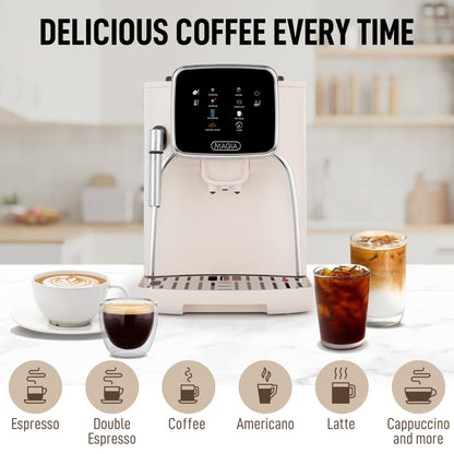 Zulay Kitchen Magia Clasica Automatic Espresso Machine with Built-In Grinder, Touch Panel Coffee Maker, Steam Wand Milk Frother, Adjustable Strength, Self-Cleaning, Cream & Silver (13" x 17.7" x 9.4")