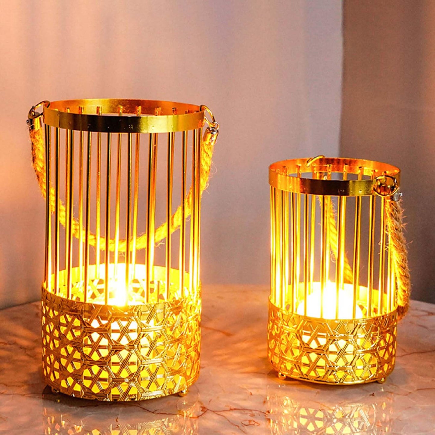 MIXIKE 2Pcs European Metal Candle Holder Hollow Out Iron Candlesticks with Rope Handle Hangings Tealight Candle Stand for Party