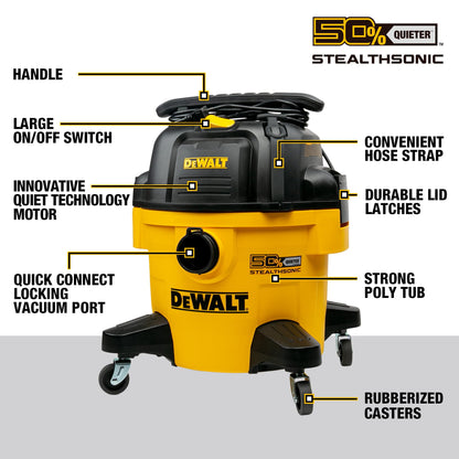 DEWALT 6-Gallon STEALTHSONIC Ultra Quiet Poly Shop Vacuum Wet and Dry with 6 Dust Bags, 5 Peak HP Noise Reduction Wet/Dry Vac for Jobsite, Workshop, and Garage, DXV06P-QTB