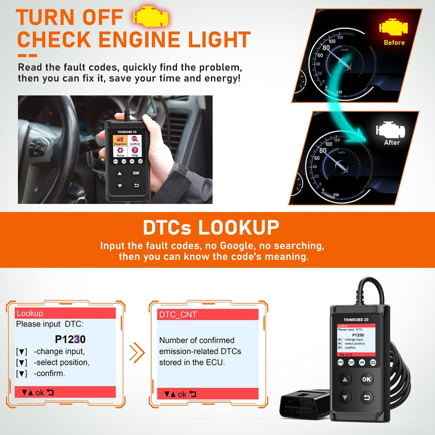 THINKCAR OBD2 Scanner ThinkOBD 20 Code Reader, Clear Engine Fault Light, OBD Reader with Reset EVAP/O2 Sensor Test I/M Readiness Live Data Diagnostic Scan Tool for All OBDII Cars Since 1996