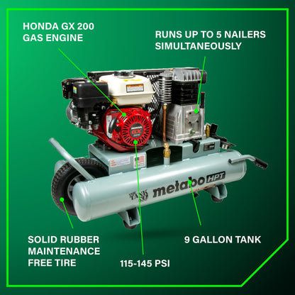 Metabo HPT Air Compressor, THE TANK XL, 9-Gallon Gas Wheelbarrow Compressor, Honda GX 200 Engine, Versatile for Use with Framing, Roofing Nailers, or Siding, Assembled in the USA, EC2610EA