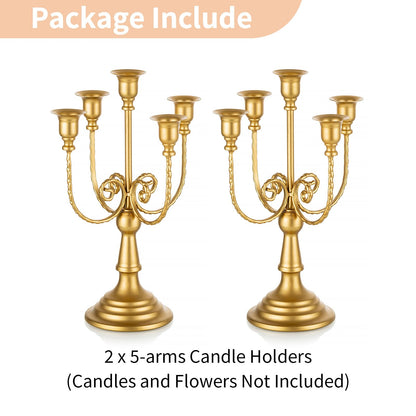 NUPTIO Gold Candelabras Candle Holder Set of 2 Metal Candelabra Centerpieces 5 Branches Candle Stick Stands Candleholder Fireplace Wedding Reception Antique Decorative Dinning Table Christmas