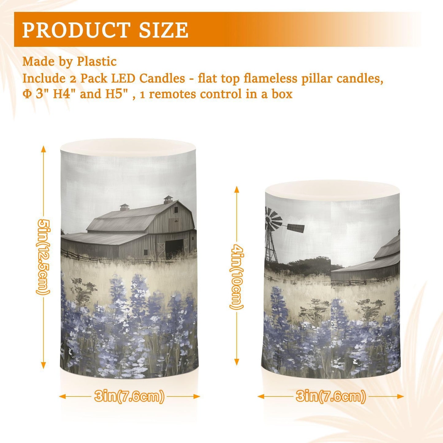 WEVIBOFU Farmhouse Landscape Wildflowers Barn Windmill Flickering Flameless Candles LED Battery Operated with Remote Timer Pillar Candles for Home Birthday Wedding Christmas Decor, Set of 2