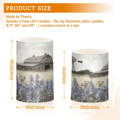 WEVIBOFU Farmhouse Landscape Wildflowers Barn Windmill Flickering Flameless Candles LED Battery Operated with Remote Timer Pillar Candles for Home Birthday Wedding Christmas Decor, Set of 2