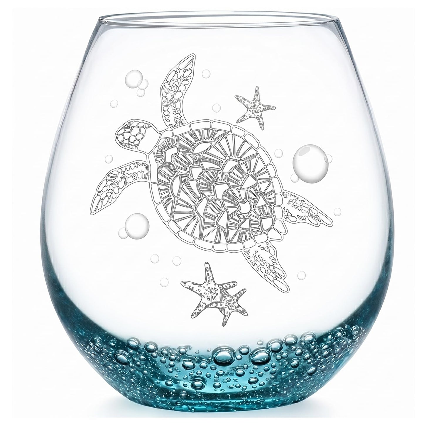 Sea Turtle Stemless Wine Glass - 19oz Hand-blown Blue Bubble Base Glassware-Unique Birthday Gifts for Women & Turtle Lovers-Coastal Ocean Decor for Beach House & Parties-Gift Box Included(Bubbly Teal)