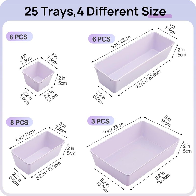 Vtopmart 25 PCS Plastic Drawer Organizers Set, 4-Size Versatile Bathroom and Vanity Drawer Organizer Trays, Storage Bins for Makeup, Bedroom, Kitchen Gadgets Utensils and Office