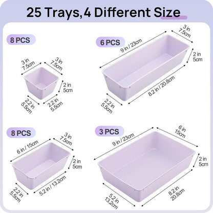 Vtopmart 25 PCS Plastic Drawer Organizers Set, 4-Size Versatile Bathroom and Vanity Drawer Organizer Trays, Storage Bins for Makeup, Bedroom, Kitchen Gadgets Utensils and Office