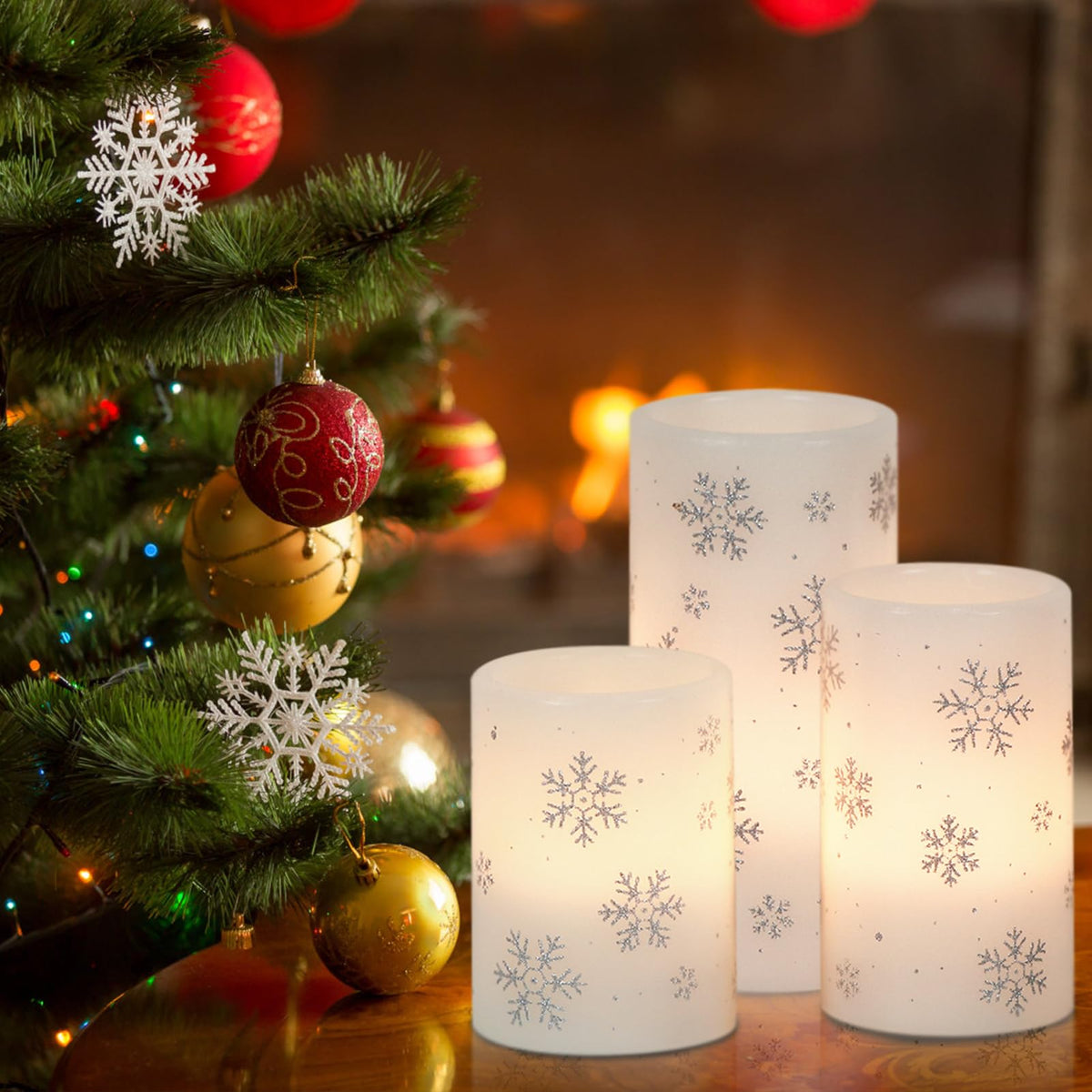 DRomance Silver Snowflake Flameless Flickering Candles Battery Operated with 6H Timer, 3 Pack Real Wax Warm Light LED Pillar Candles Dinner Tabletop Holiday Centerpiece Decor 3" x 6"