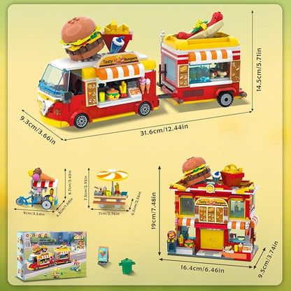 HOGOKIDS City Burger Truck House Building Toy - 2 in 1 Burger Van and Restaurant Building Blocks Set Mobile Ice Cream Food Cart Tables Restaurant Playset Valentines Gift for Kids Boys Girls 6+(826PCS)