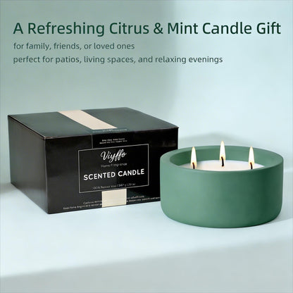 Viyffo 20oz Large Scented Candle Indoor - Citrus & Mint, 3 Wick Non Toxic Soy Candles for Women & Men, Green Ceramic Jar Candle for Patio, Bathroom, Bedroom, Living Room, Kitchen, Home Décor & Gift