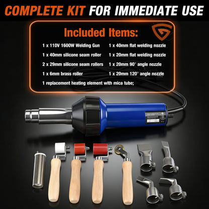 Hot Air Gun PVC Heat Gun Hand Held Plastic Welder heating gun 110V 1600W, Vinyl Welding Handheld Plastic Hot Air Heat Gun Welding Torch with Various Rollers & Stainless Steel Nozzles