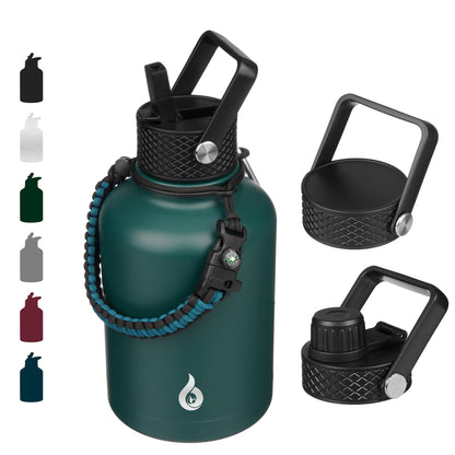 BJPKPK Insulated Water Bottles with Straw Lid, 50oz Large Water Jug, Stainless Steel Vacuum Bottles, Hot & Cold Thermo with 3 Lids and Paracord Handle,Army Green
