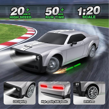 RC Drift Car Remote Control Car 2.4GHz 1:20 Scale 4WD 20KM/H High Speed Remote Control Cars Vehicle with LED Lights Drifting Tire 2Pcs Rechargeable Batteries Toy Cars for Adults Boys Girls (Silver)