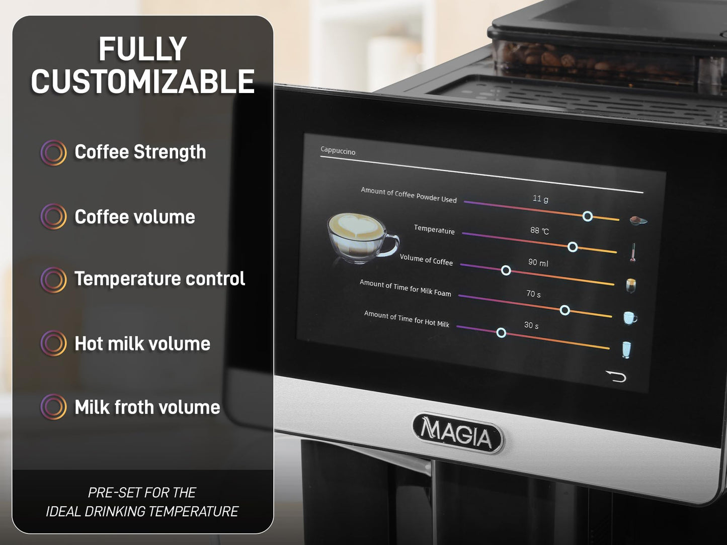 Zulay Magia Super Automatic Espresso Maker Machine with Grinder - 19 Fully Customizable Coffee Options, Auto Cleaning, Milk Foam System - for Latte, Cappuccino- Prime - Silver (13.8x18x9.4)