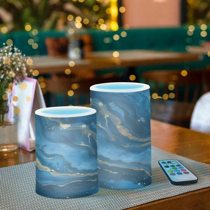 LFICRTAN Blue and Gold Marble Flameless Candles Battery Operated Color Changing LED Candles with Remote Control Timer Outdoor Indoor 2 Pack