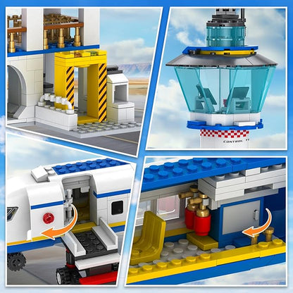 City Passenger Airplane Building Set 886 Pcs STEM 6 in 1 Airport Passenger Plane Building Block Toy with Terminal Shuttle BusLuggage CartChristmas Birthday Gifts for Boys Girls Ages 6-12+
