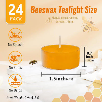 Round Shape Beeswax Tealight Candles, 24 Pack Handmade Natural Beeswax Tea Light Candles Set, Clear Cup Yellow Bees Wax Tealight 6 Hour Burn Time for Home Decor, Shabbat, Wedding, Emergency