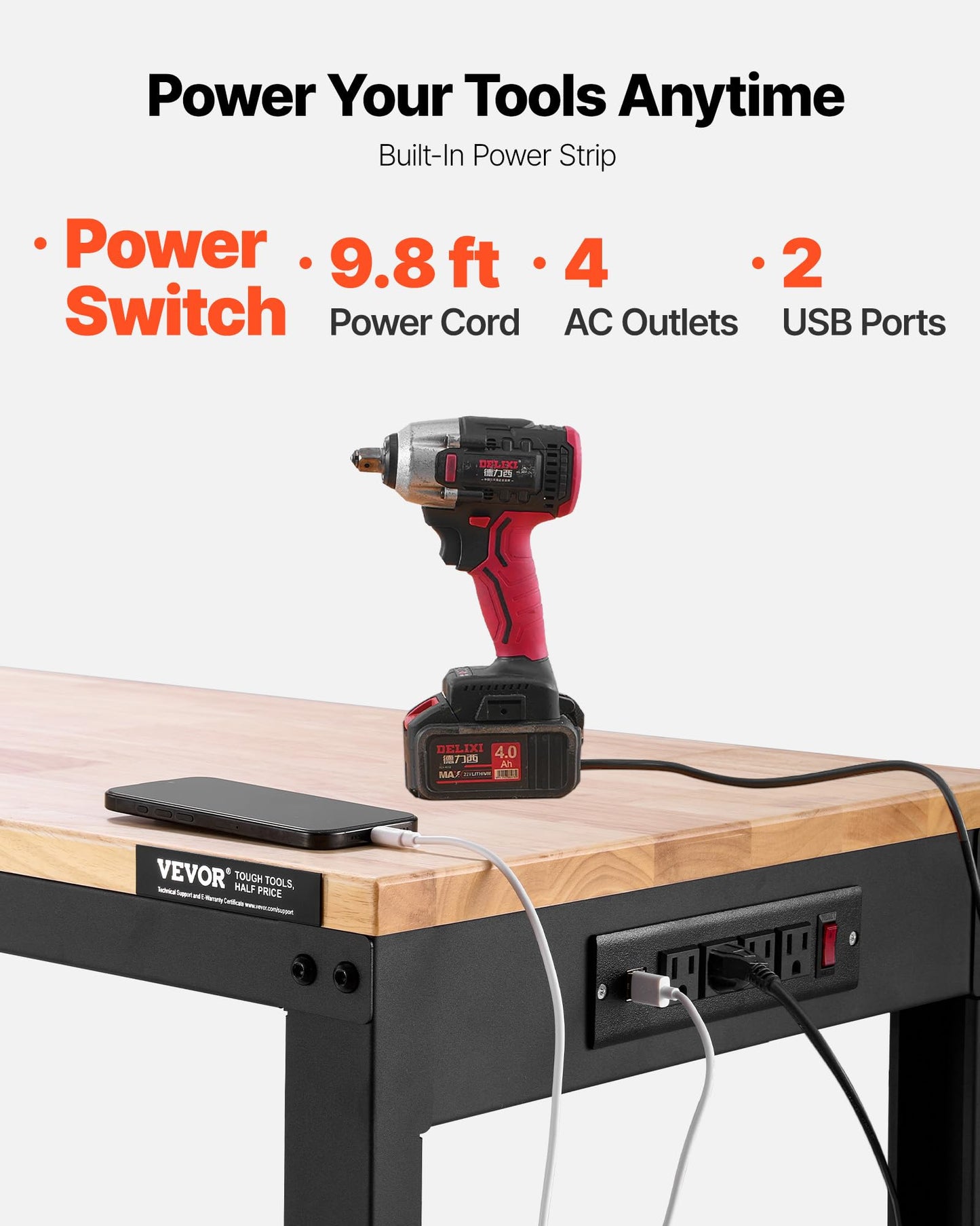 VEVOR Adjustable Workbench, 48 x 20-inch Heavy Duty Work Bench with 28.5-38.3 Inches Height Adjustment, 2000 lbs Capacity Garage Workbench with Power Outlets, Suitable for Office, Garage, Workshop
