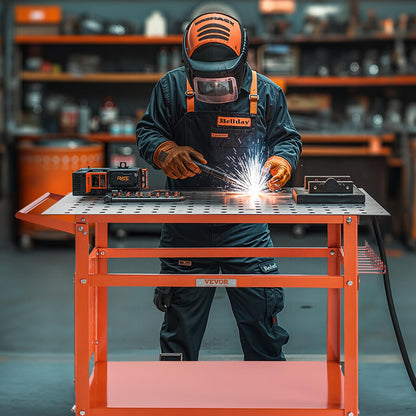 VEVOR Welding Table, 40" x 24" Welding Workbench Table with 800LBS Static Weight Capacity, Movable Steel Work Bench with 4 Wheels (2 with Brake), Double-Layer Storage Board and 5/8-inch Fixture Holes