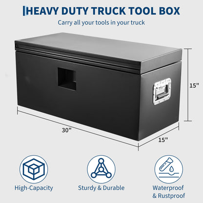 PeakPursuit Heavy Duty Steel Truck Bed Toolbox – Waterproof Storage Chest, Dual Hydraulic Levers & Lock, Fits Pickup, RV, Trailer, Garage, Workshop – Black, 30 x 15 in
