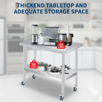  Stainless Steel Prep Table, 24 x 60 Inches Heavy Duty Commercial , with Rounded-Corner, Adjustable Undershelf and 4 Caster Wheels, Heavy Duty Work Table with Adjustable Under Shelf for Outdoor, Res