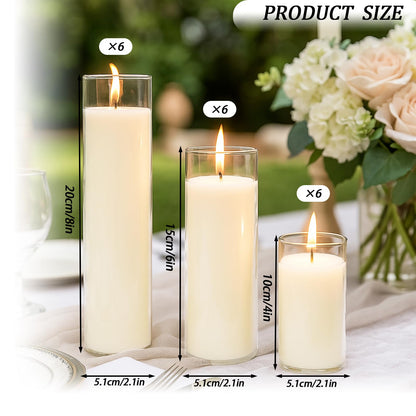 Trxvxo 18 PCS Pillar White Candles in Glass,Hurricane Candles,Wedding Cylinder Candle,3 Different Lengths 2 x 3/6/8 Inch (6 Each),Creating an Atmosphere Suitable for Various Outdoor Activities.