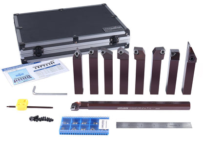 Accusize Industrial Tools 3/4" Shank 9‑Piece Indexable Turning & Boring Tool Set, Uncoated Sharp‑Edge Inserts for Aluminum, 3988-0034