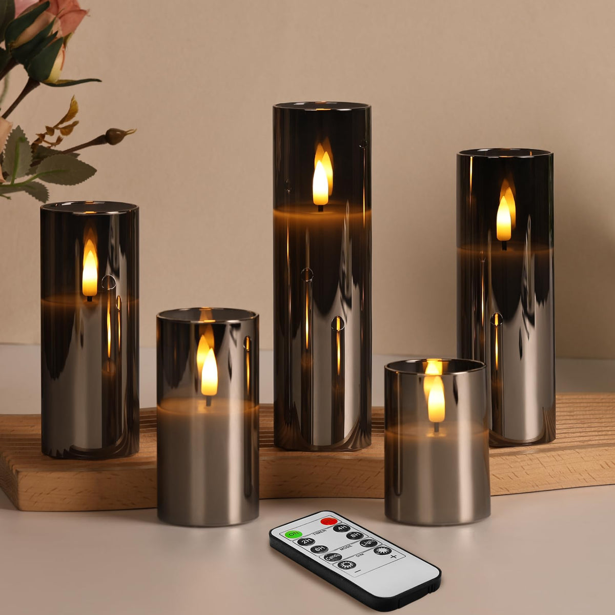 Eywamage 5 Pack Grey Glass Flameless Candles with Remote, Flickering Slim Tall LED Pillar Votive Candles Battery Included