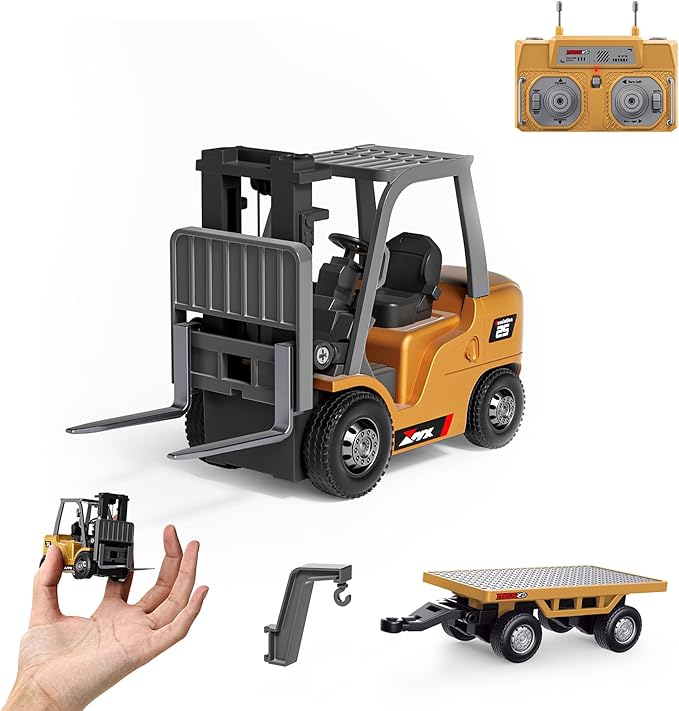 BRRRRT 1/64 Full Proportional RC Forklift Toy8 Channel 2 Mode Mini Remote Control Forklift Truck with Flatbed Tow Truck2 in 1 Transformable Lift Fork &amp Hook with Rechargeable Battery for 4+ Kids