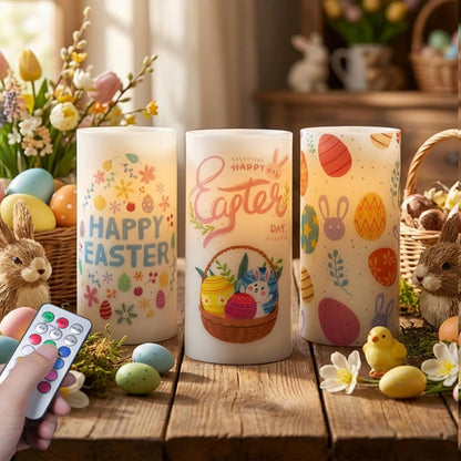 ONEIHOMM 3 Pcs Easter Flameless Candles,Battery Operated Candle, Rabbit Egg Design with Timer Remote, Happy Easter Day Gift for Bedroom Living Room Decor Farmhouse