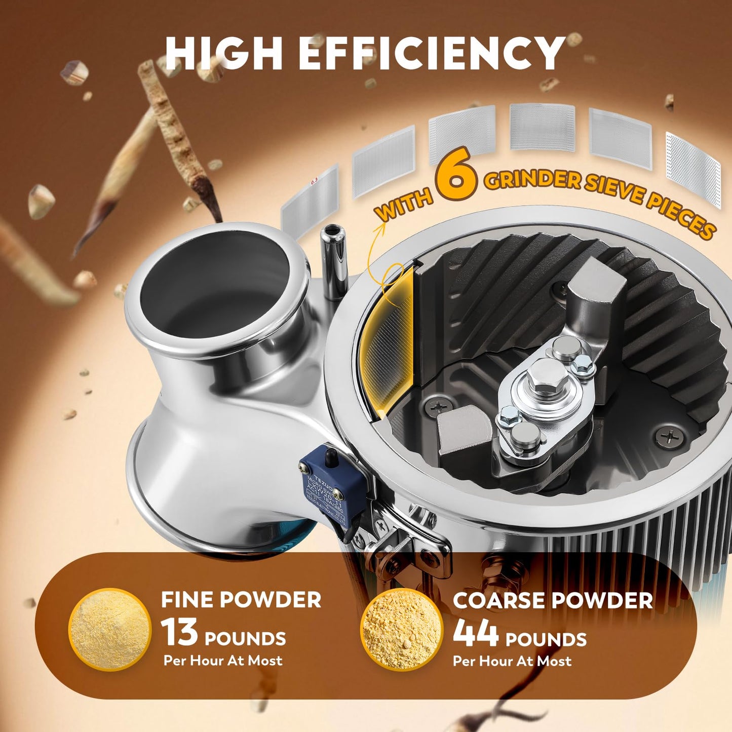 CGOLDENWALL Hammer Mill Grinder, 2000W Commercial Electric Herb Grinder, 44 Lbs/H, Continuous Feeding, with Funnel & 6 Sieve Meshes, Pulverizer for Dry Herb Grain Spice Nutmeg,110V