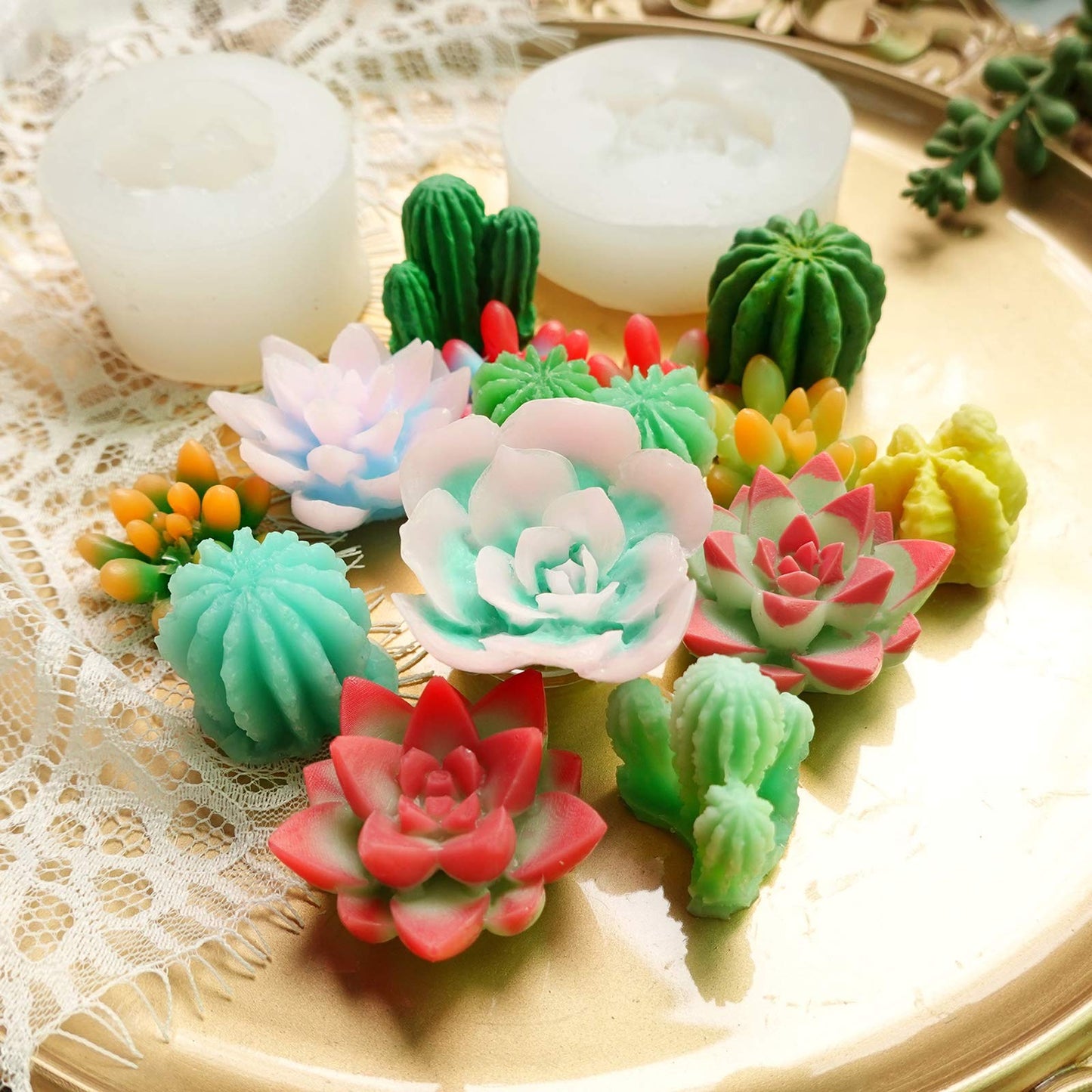 Funshowcase Cactus and Succulent Plant Silicone Molds Set for Epoxy Resin Soap Candle Wax Polymer Clay Concrete Plaster Fondant Cake Decor Chocolate with Beginner Tutorials
