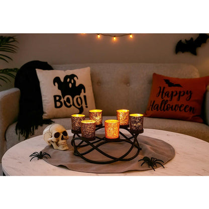 Seraphic Halloween Centerpieces for Decorations - Round Candle Holders for Outdoor Patio, Dining, Kitchen, Coffee & Wedding Table Decor, Black Iron Candelabra, 6 Glass Votive Tealight Cups