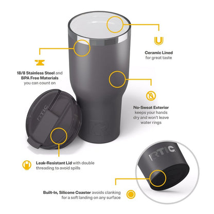 RTIC 40oz Essential Tumbler with Lid, Ceramic Lined, Insulated, Stainless Steel, Metal, Double Wall Vacuum-Insulation, Travel Cup for Iced Coffee, Tea, Hot and Cold Drink, Graphite