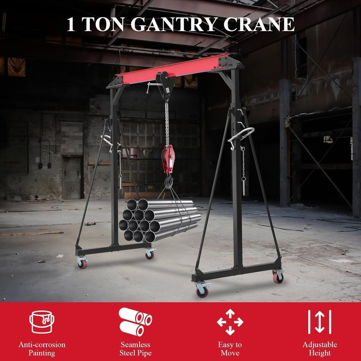 1 Ton Adjustable Height Gantry Crane with Locking Casters - 2200 LBS Heavy Duty Steel Shop Crane for Workshop, Garage, Warehouse