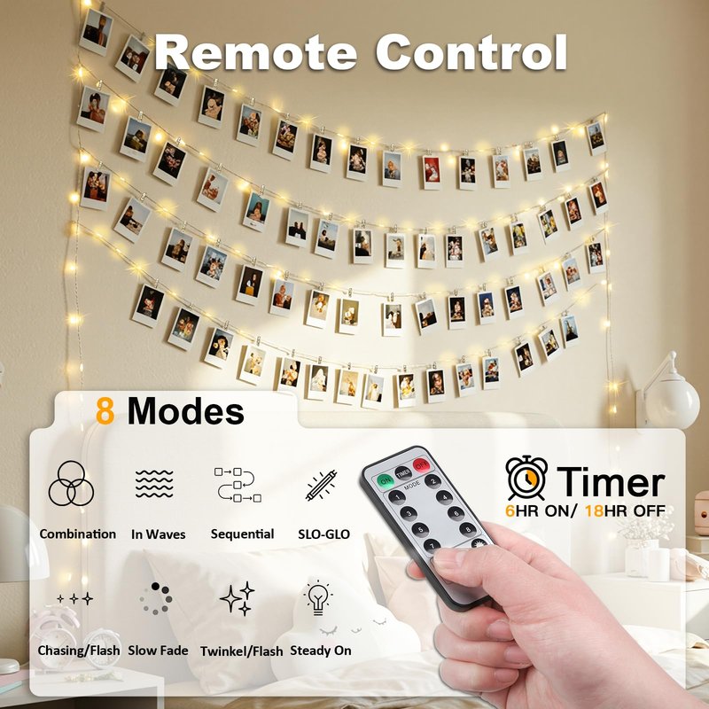 suddus 33ft 100 LED Fairy Lights with Clips for Pictures, Photo Lights with Remote USB Powered & Battery Operated with 45 Clear Clips, String Lights for Party, Bedroom, Decoration, Warm White