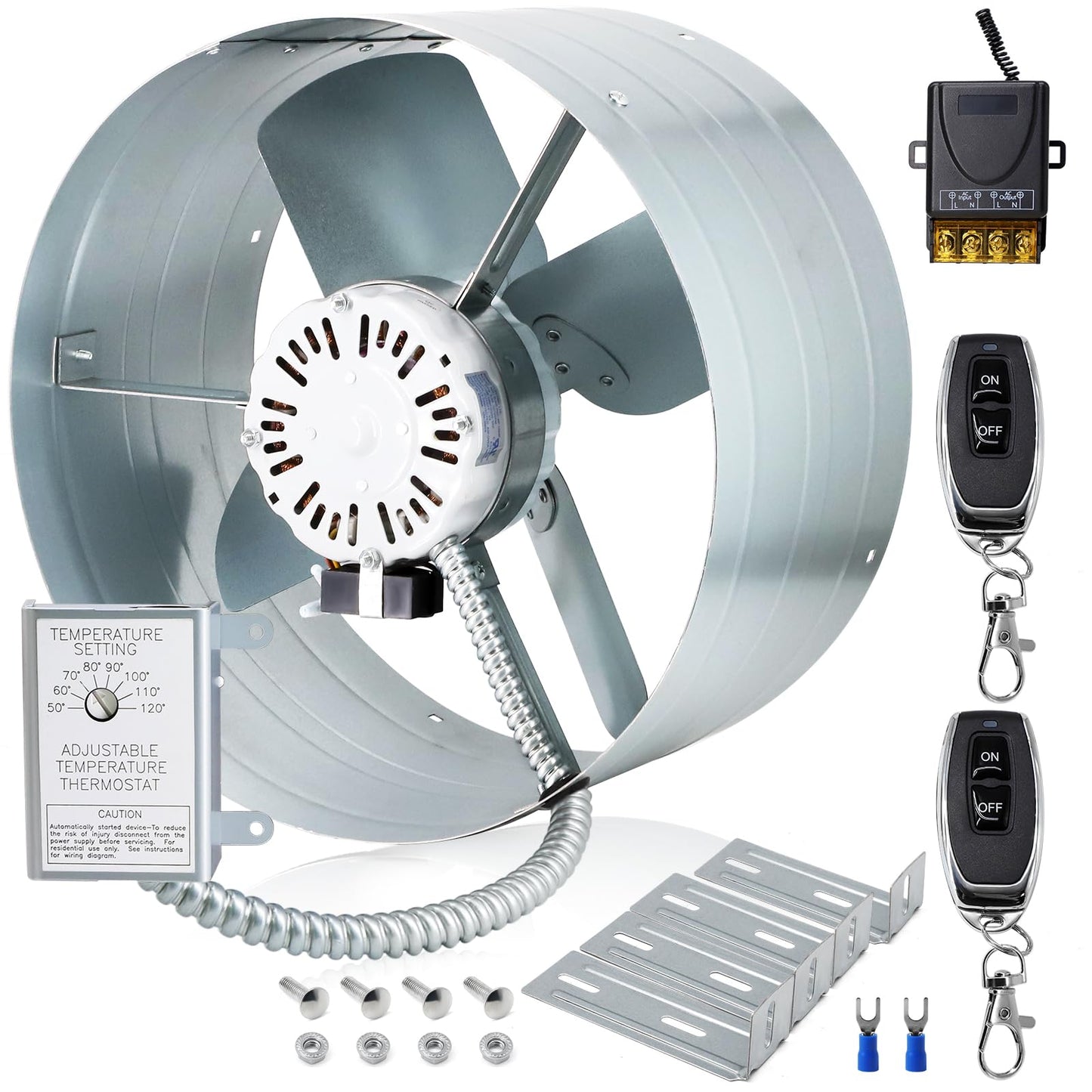 Hiorucet Upgraded 15 Inch Exhaust Fan for Gable Vent with Switch, 1650CFM 2500 SQF High-Speed Attic Fan with Adjustable Thermostat, 14 Inch Fan Blade and Permanently Lubricated Motor, 1075RPM.