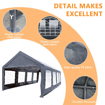 Carport 13x26 FT Heavy Duty Carport Canopy, Reinforced Steel Frame Car Tent Garage with 6 Windows, Waterproof & UV-Resistant Car Shelter, Portable Garage All-Season Tarp for Car/Truck/Boat Grey