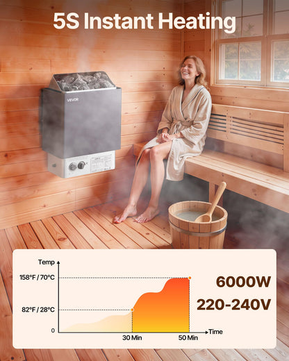 VEVOR Sauna Heater,220V Electric Sauna Stove, Steam Bath Sauna Heate 3h Timer and Adjustable Temp for Max. 176-318 Cubic Feet, Home Hotel Spa Shower Use (6KW) FCC Certification