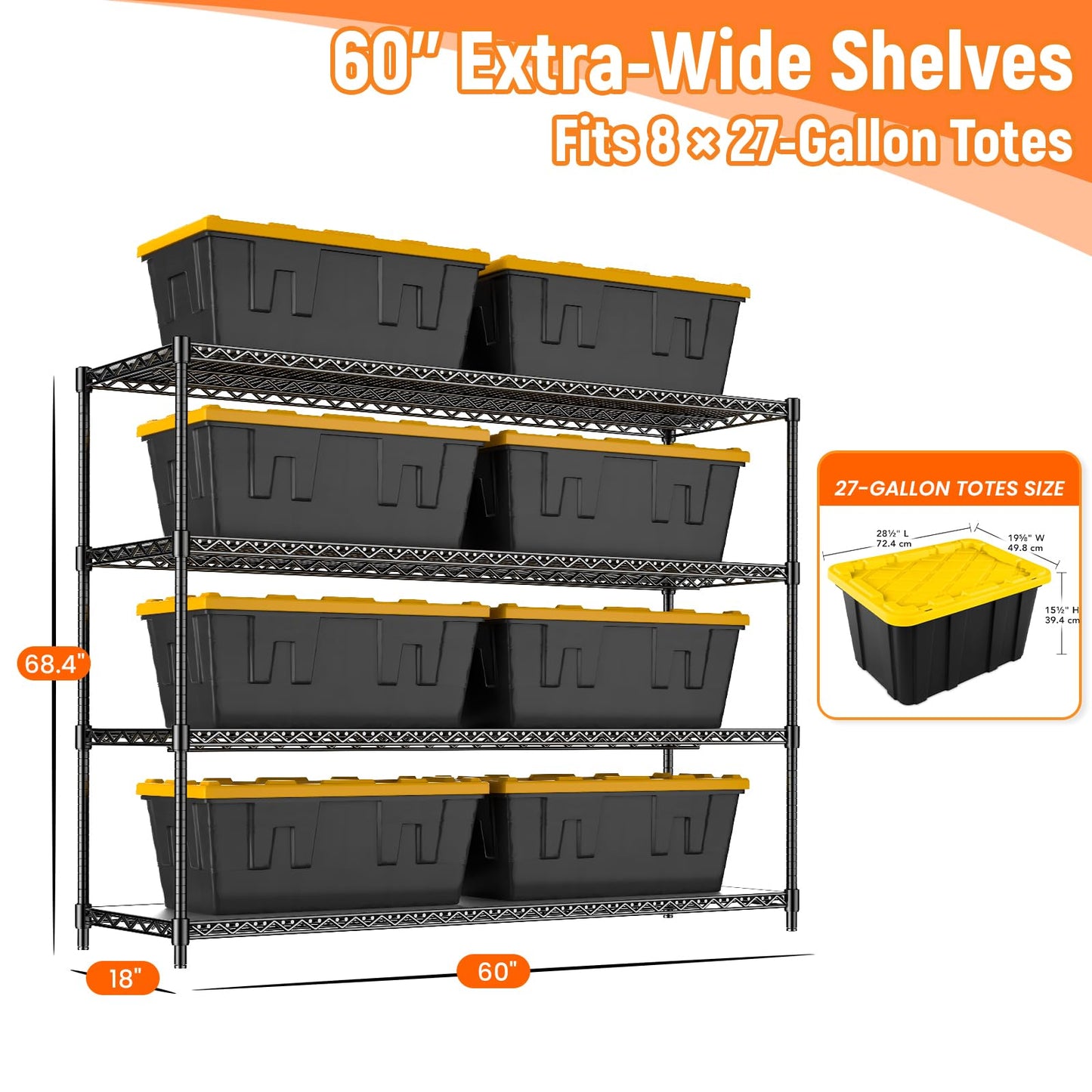 RackBro 60" W Storage Shelves 2640 LBS Heavy Duty Garage Shelving, Adjustable Wire Shelving Metal Shelving with Liners, Fits 27-Gallon Totes, 60" W x 18" D x 68.4" H for Commercial Warehouse, Black